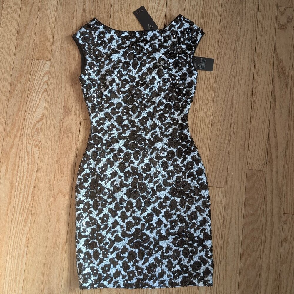 NEW Guess Full Sequin Mini Dress Women's 2 Black White Cheetah Dalmatian Party
